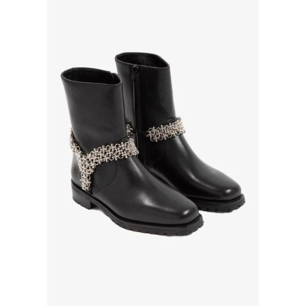 Manolo Blahnik Black Leather Ankle Boots With Silver Chain 7.5
